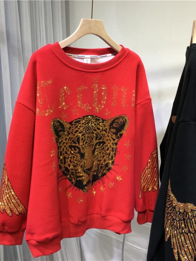 Leopardo strass L-4XL plus size blusa marca de luxo moletom para mulheres primavera outono tamanhos grandes senhoras camisolas