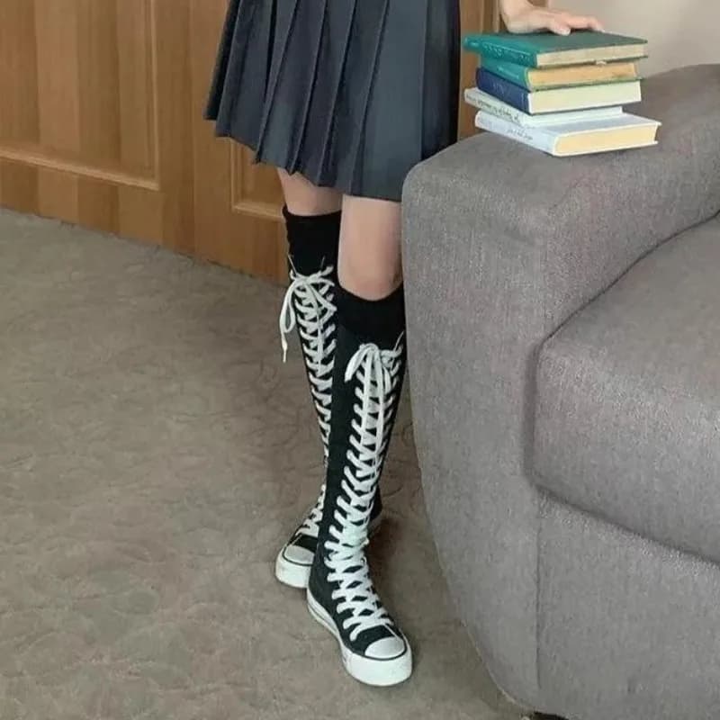 Novas mulheres joelho botas altas moda rendas sapatos de lona requintado auto cultivo sapatos de dança para mulher sapatos de grife botas mujer