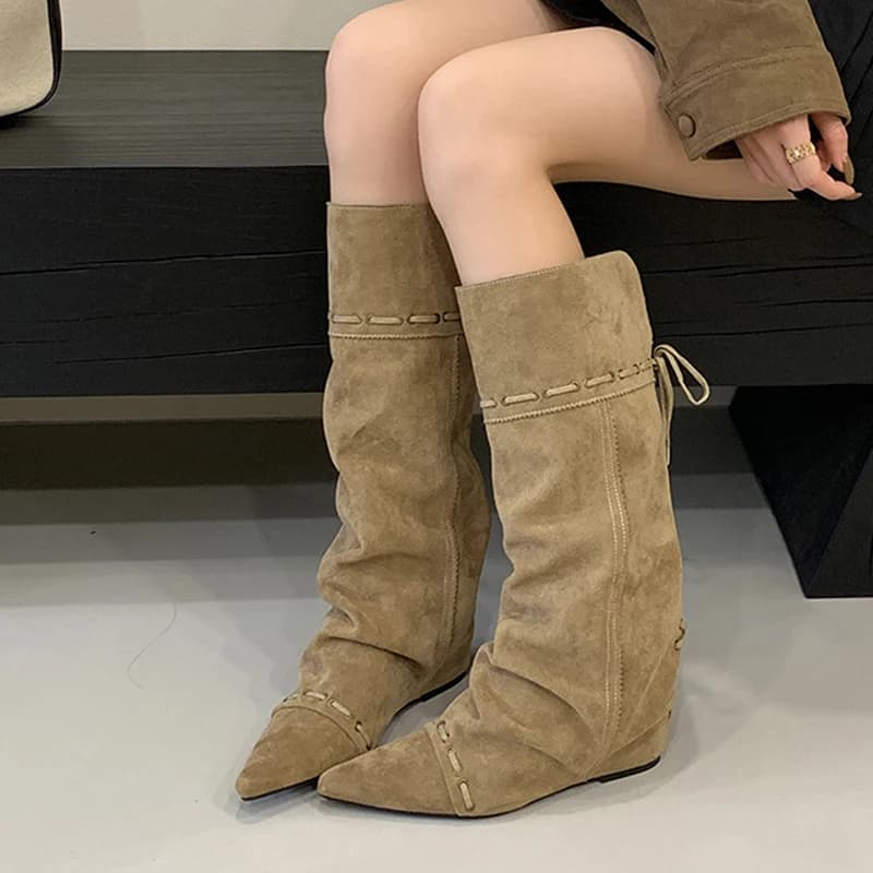 Liyke design de moda cordão rendas até joelho botas altas mulheres vintage apontou toe dentro da altura crescente sapato longo botas mujer