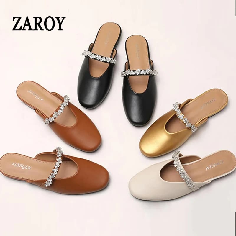 ZAROY Sandálias femininas de couro com strass, sandálias plus size com ponta fechada, chinelos casuais para uso ao ar livre, sandálias MS9727