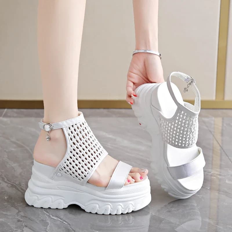 9.5cm mulheres sandálias de verão dedo do pé aberto tecido plataforma cunha tênis chinelos 2025 sapatos casuais praia sandálias das mulheres