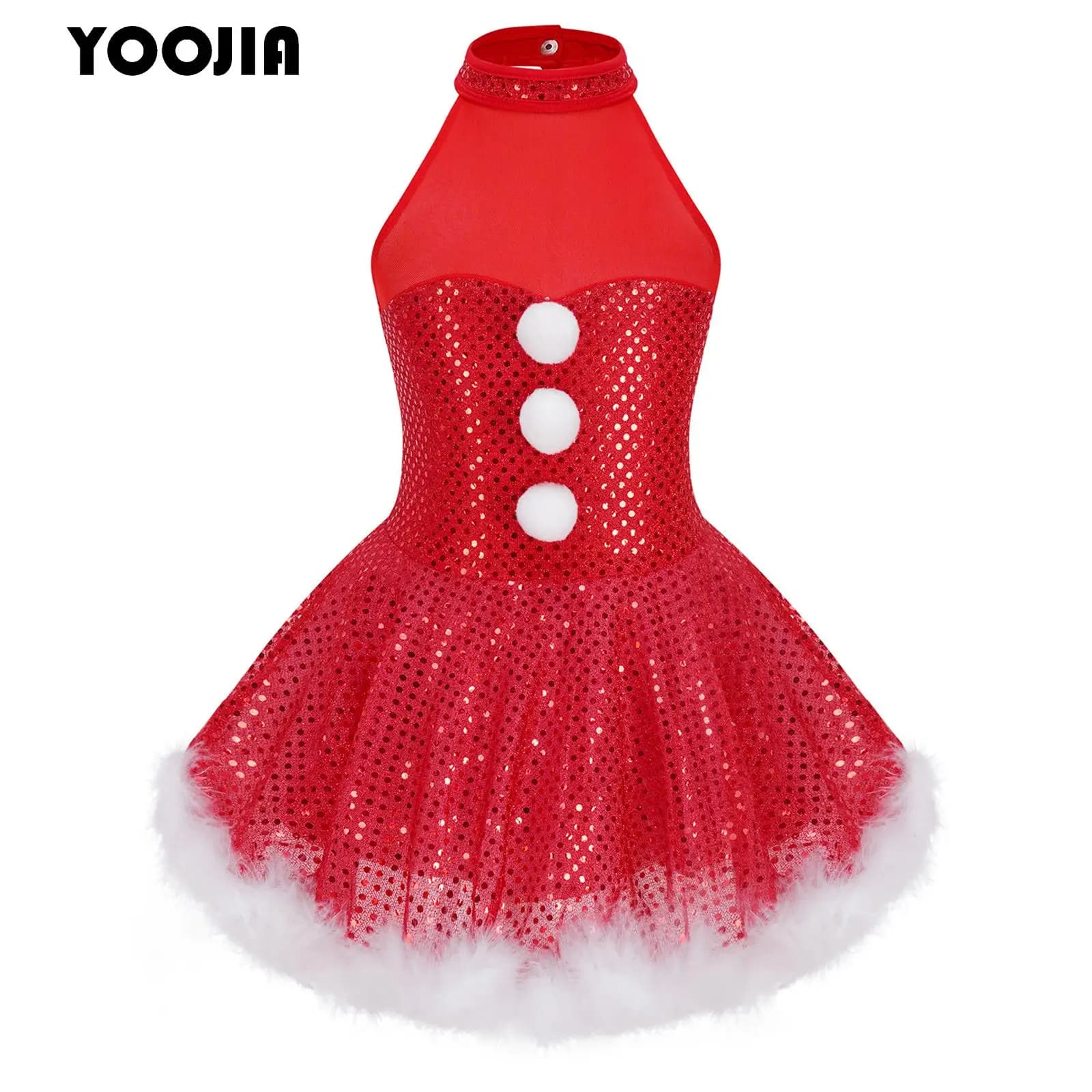 Meninas natal santa boneco de neve traje brilhante lantejoulas halter pescoço tutu vestido ballet dança collant patinação artística vestido giratório
