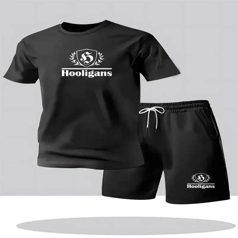 Novo conjunto de verão masculino de roupa esportiva casual com camiseta de gola redonda e manga curta e shorts, conjunto de 2 peças, camiseta masculina de manga curta e shorts.