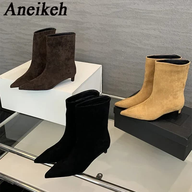 Aneikeh tamanho grande 41 42 moda inverno camurça falsa apontou botas curtas botas de salto baixo deslizamento em sapatos de festa botas zapatos de mujer