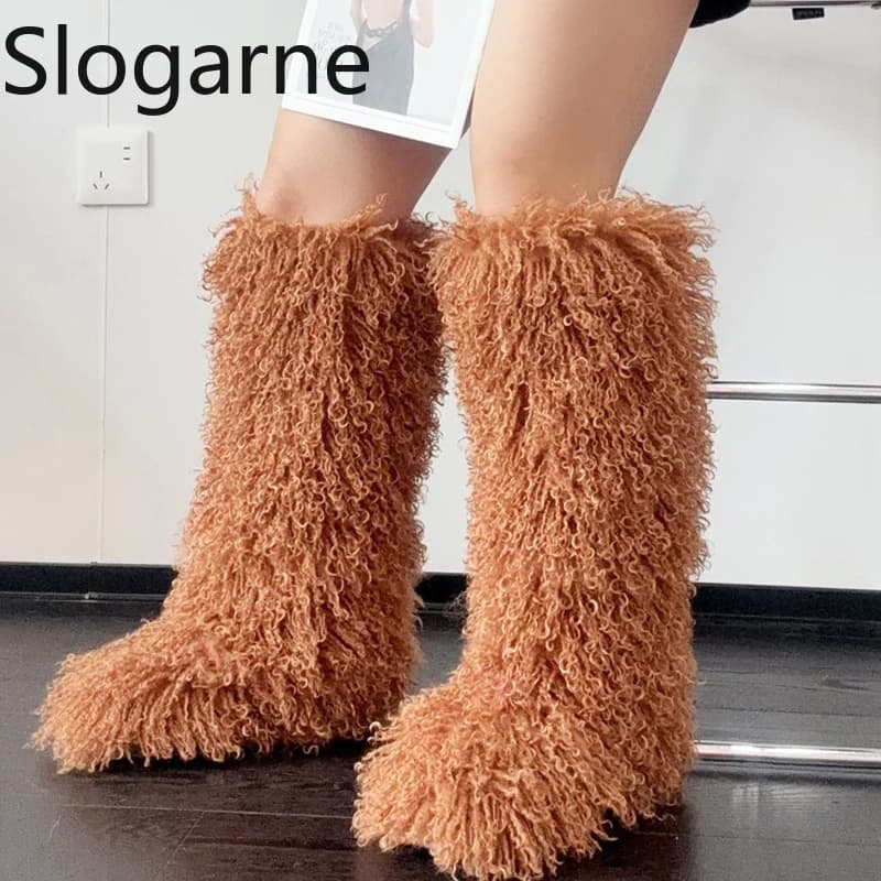 Luxo inverno pele do falso joelho botas altas mulheres lã tubo alto pele botas de neve fofo falso pele mongol sapatos plataforma meninas botas