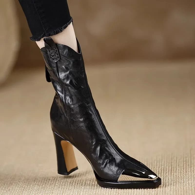 2024 novo metal dedo do pé quadrado botas de tornozelo para mulheres moda couro patente sapatos femininos botas mujer sapatos de salto alto feminino zapatos