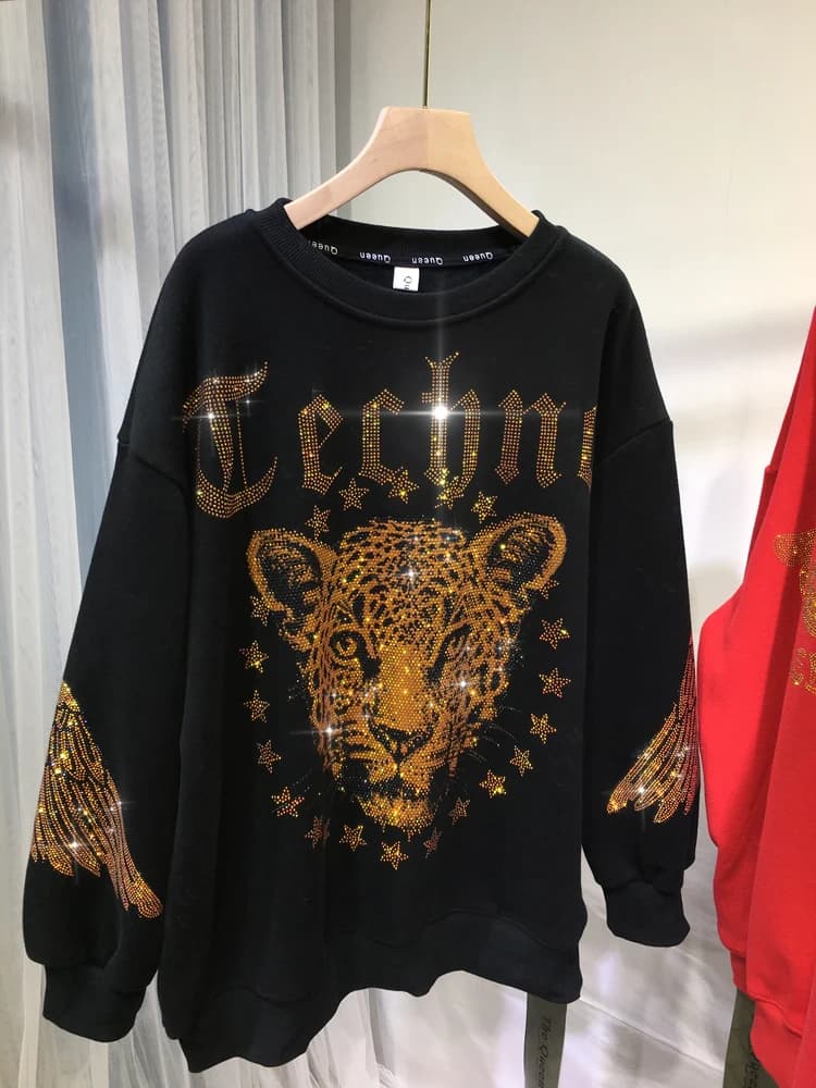 Leopardo strass L-4XL plus size blusa marca de luxo moletom para mulheres primavera outono tamanhos grandes senhoras camisolas