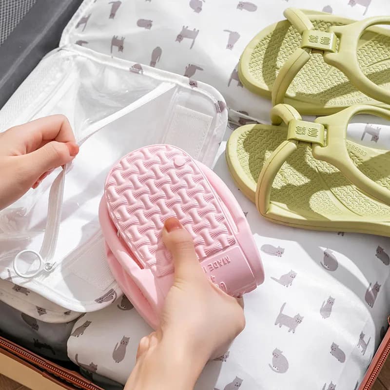 Chinelos de viagem dobráveis antiderrapantes rosa e verde claro com bolsa transparente para transporte
