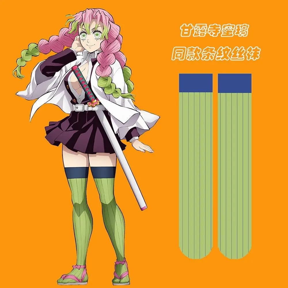 Meias acima do joelho para cosplay de Kanroji Mitsuri de Demon Slayer, listradas verdes, TAKARA TOMY, para fantasia JK, presente para meninas.