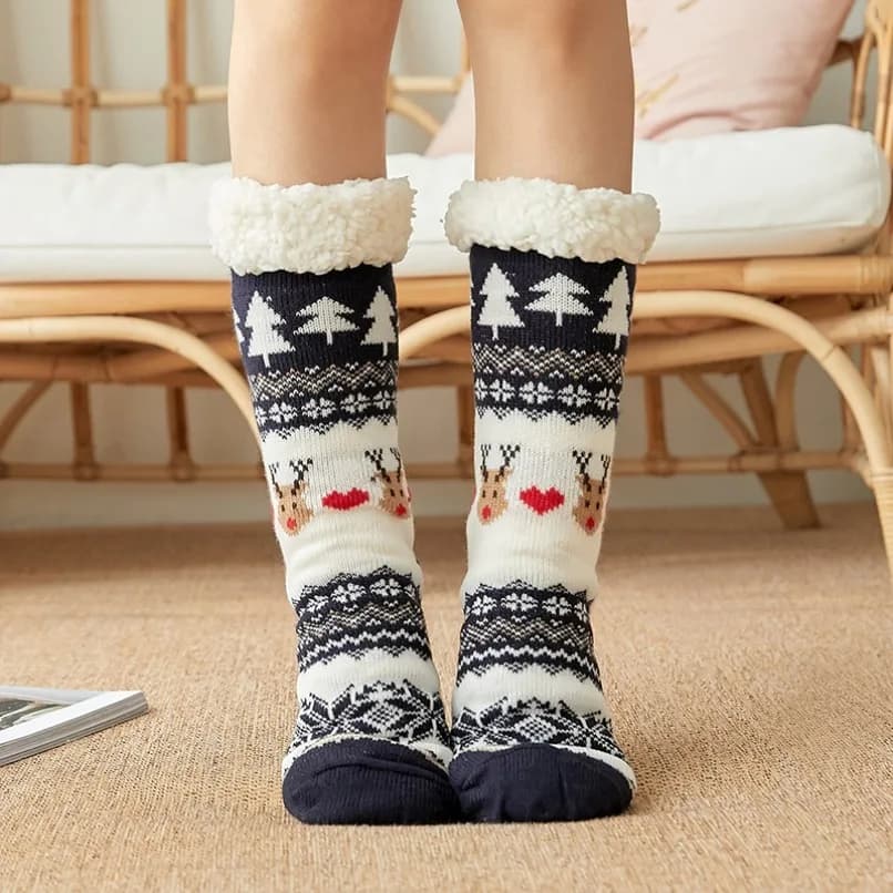 Meias de inverno com design de pinguim e renas, antiderrapantes e aquecedoras.