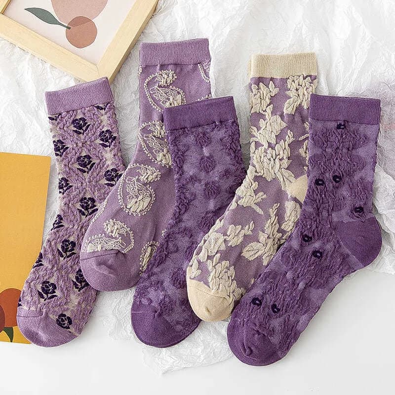 Moda roxo floral bordado meias de algodão feminino coreano harajuku retro vintage streetwear tripulação japonês kawaii meninas bonito