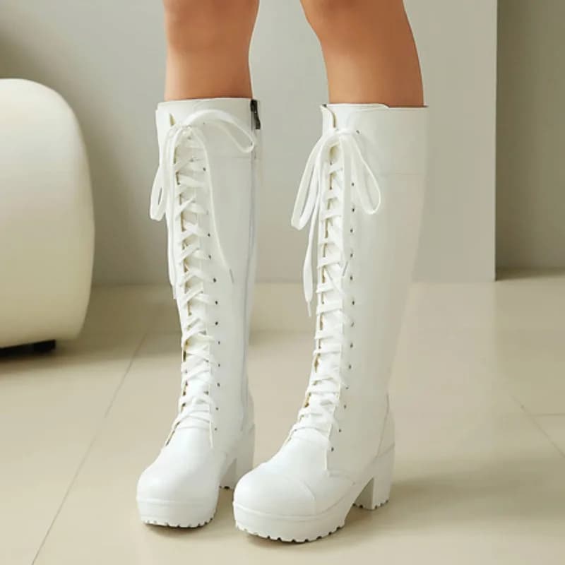 Botas de combate femininas até o joelho com cadarço e plataforma grossa Botas góticas plus size 34-48