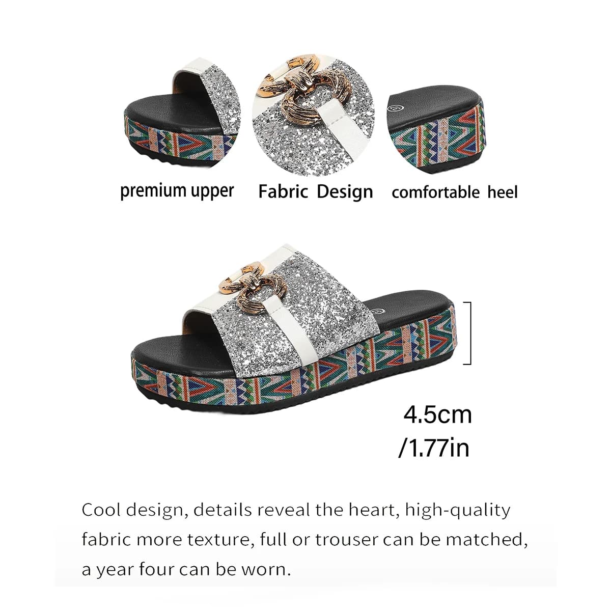 Detalhes das sandálias mule com lantejoulas, fivela de metal dourado e solado estampado colorido de 4,5 cm de altura
