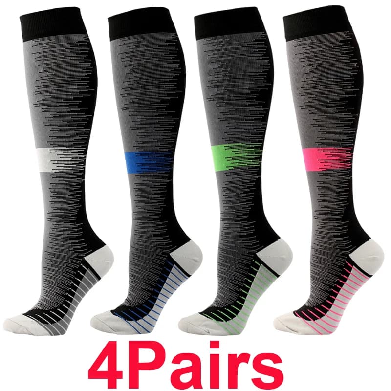 4 Pares de Meias de Compressão Atlética 20-30mmHg para Esportes, Futebol, Varizes, Gravidez e Enfermagem