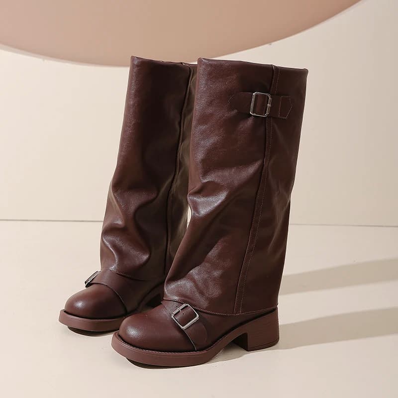 Vintage salto grosso feminino joelho botas altas moda senhoras fivela de cinto cavaleiro botas longas botas de inverno feminina