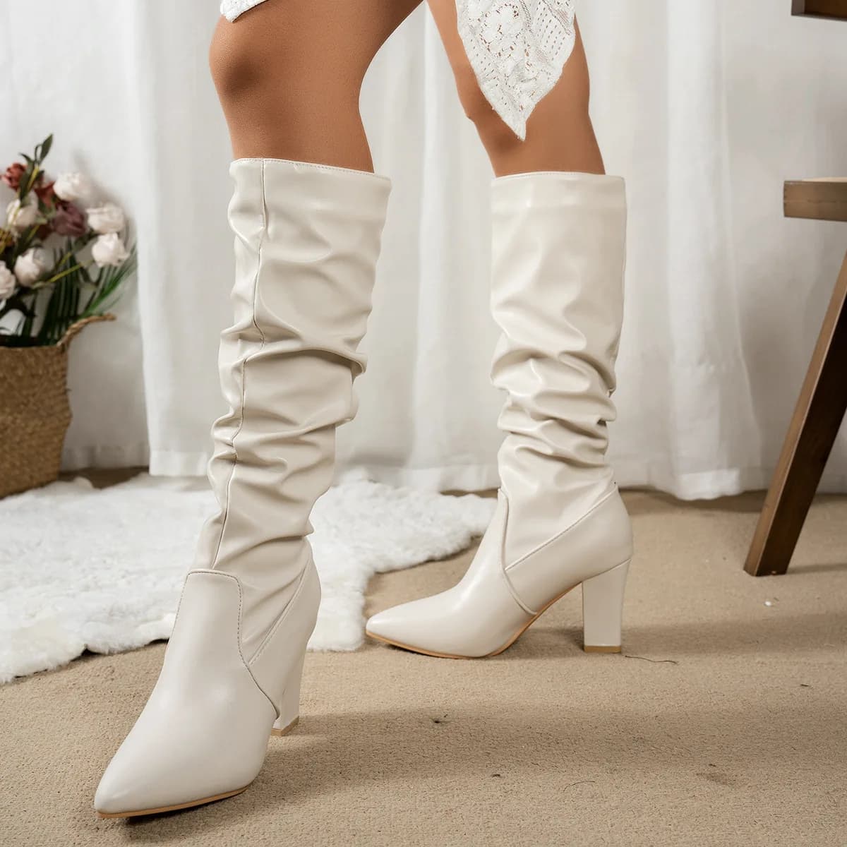Primavera outono mulheres joelho botas altas para mulheres plissado coxa alta botas longas sexy dedo do pé apontado salto grosso preto botas femininas