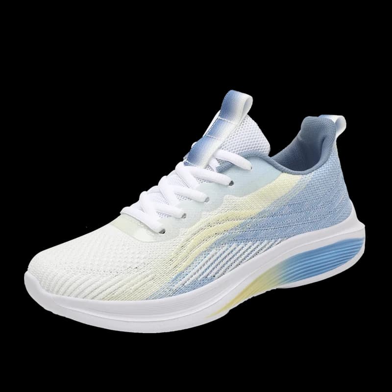 Tênis casual Sprint Runner azul claro com detalhes amarelos em mesh respirável antiderrapante