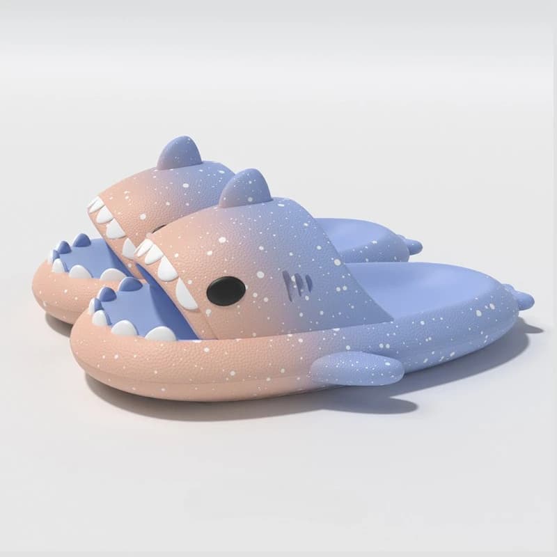 Chinelo plataforma unissex tubarão degrade azul e rosa com textura pontilhada branca para verão