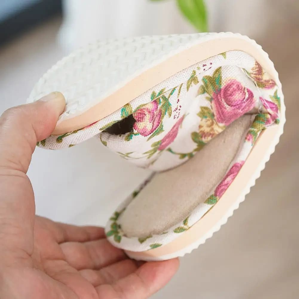 Chinelo Confortável de Linho, Sandália Antiderrapante Feminina Casual Floral para Casa, Primavera Outono