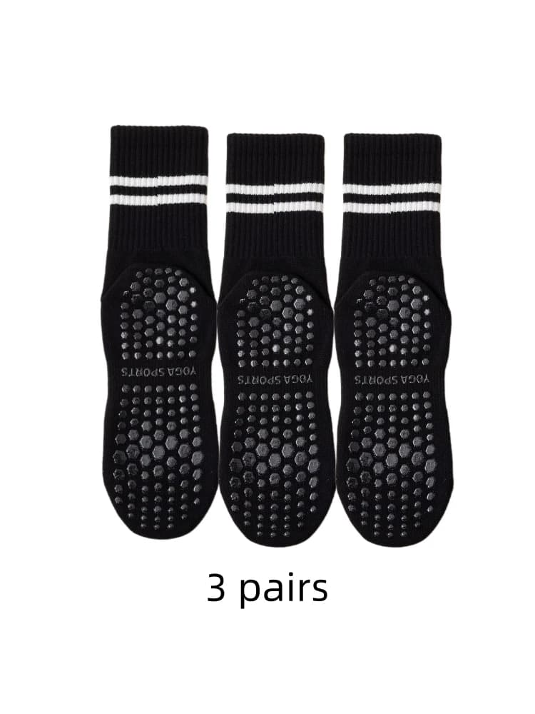3 pares de meias de yoga, meias de comprimento médio, algodão puro antiderrapante silicone indoor fitness pilates, meias esportivas femininas atacado