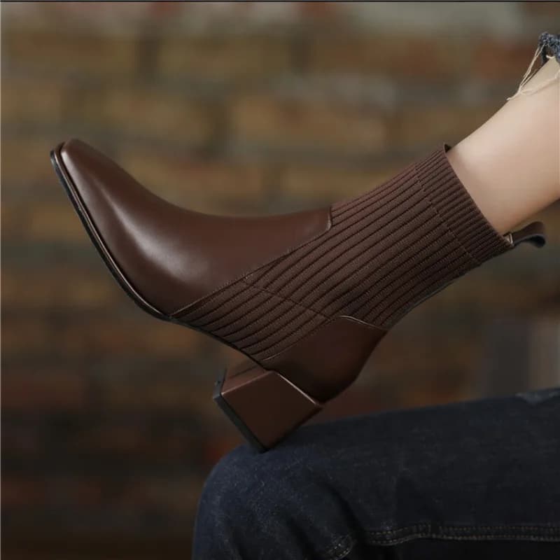 Novas Botas Curtas de Salto Alto Femininas de Tricô Tamanho Grande 43 para Outono Inverno 2026 - Calçado Feminino Slip-on