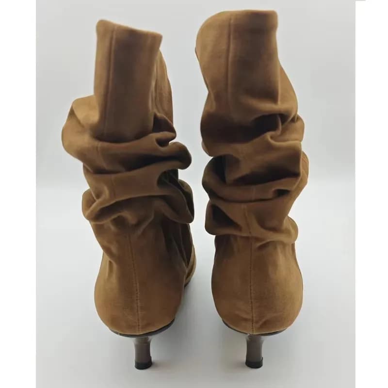 Botas Femininas Eilyken de Inverno Plissadas até o Joelho, Retrô com Bico Fino e Salto Gatinho, Confortáveis e Leves, Botas Designer para Mulheres