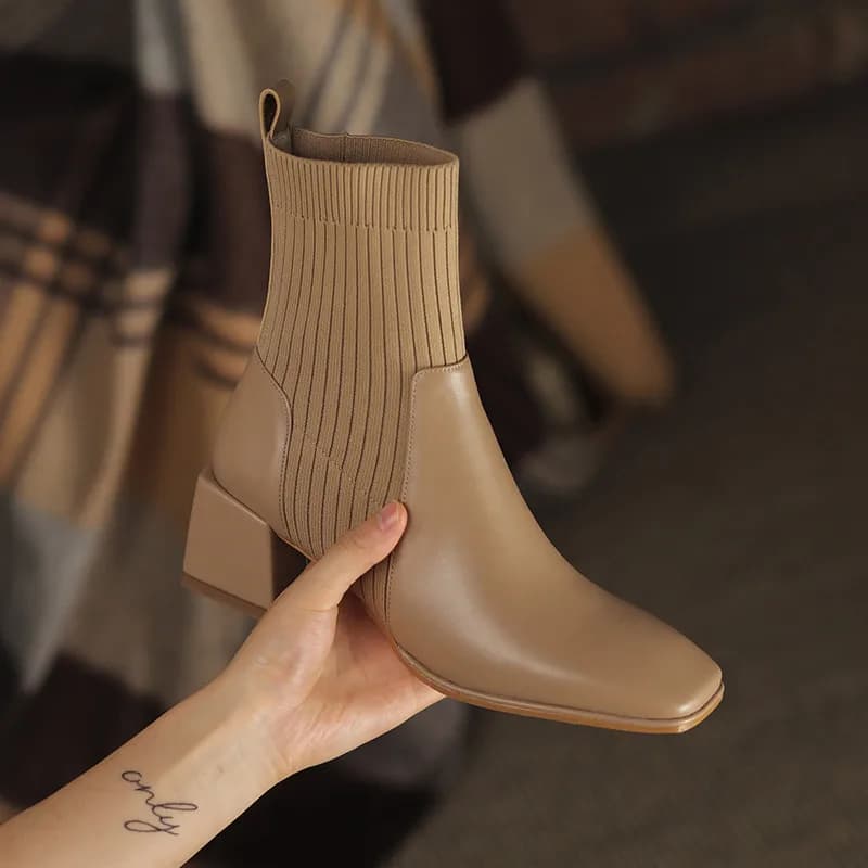 Novas Botas Curtas de Salto Alto Femininas de Tricô Tamanho Grande 43 para Outono Inverno 2026 - Calçado Feminino Slip-on