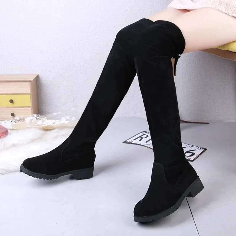 2025 camurça falsa saltos femininos outono inverno elástico joelho-botas altas para mulheres tubo rendas botas coxa preto botas