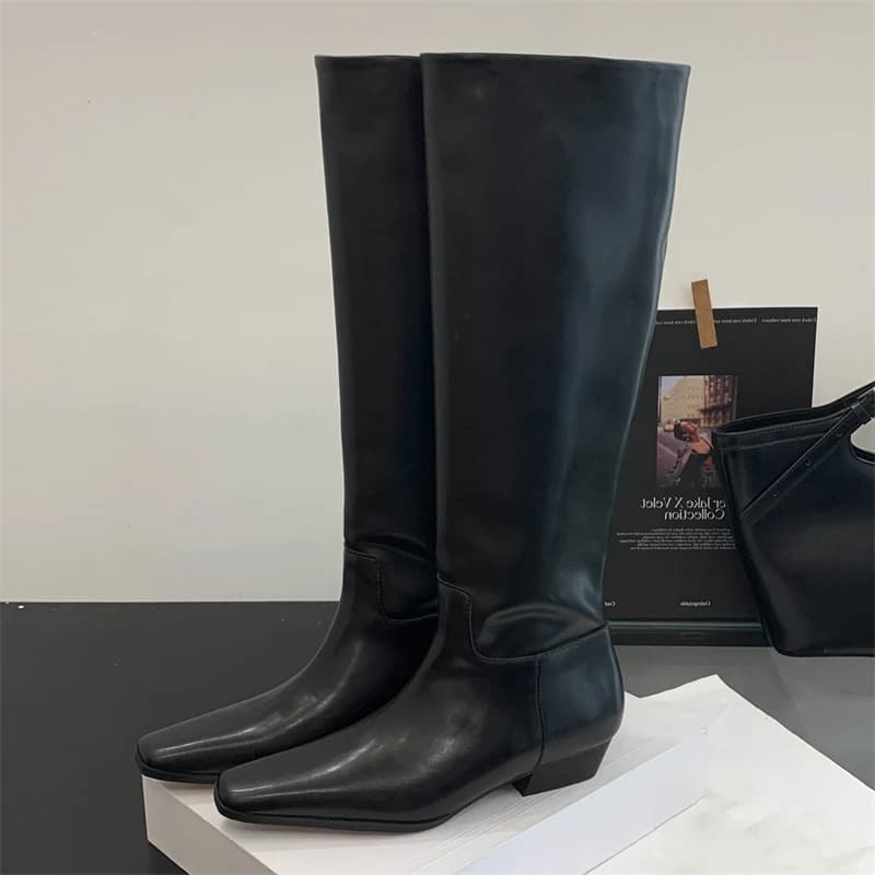 Eilyken outono inverno couro macio feminino joelho botas altas saltos quadrados confortáveis senhoras sapatos botas largas mujer