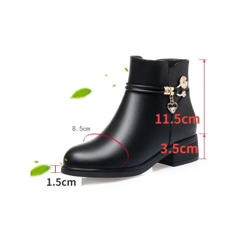 Botas de couro de strass para mulheres, sapatos de salto baixo cabeça redonda, fecho lateral, calçado de algodão quente, outono, inverno
