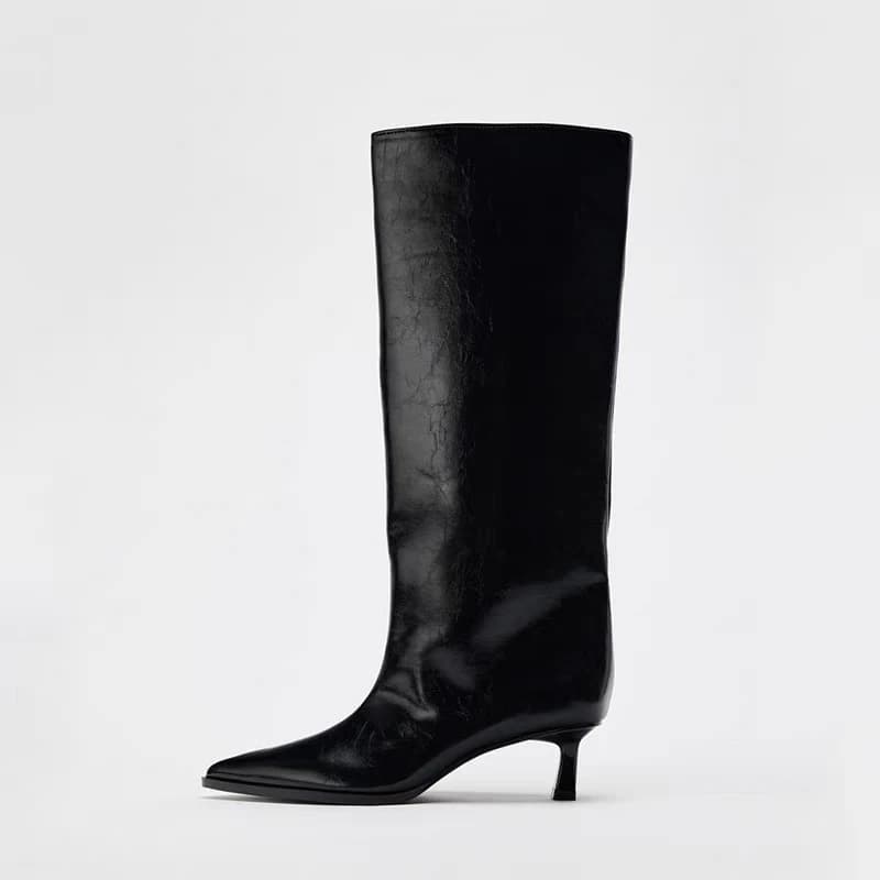 Marca designer outono novo clássico preto sexy apontou meados de bezerro botas diário escritório em casa compras botas altas de um passo botas mujer