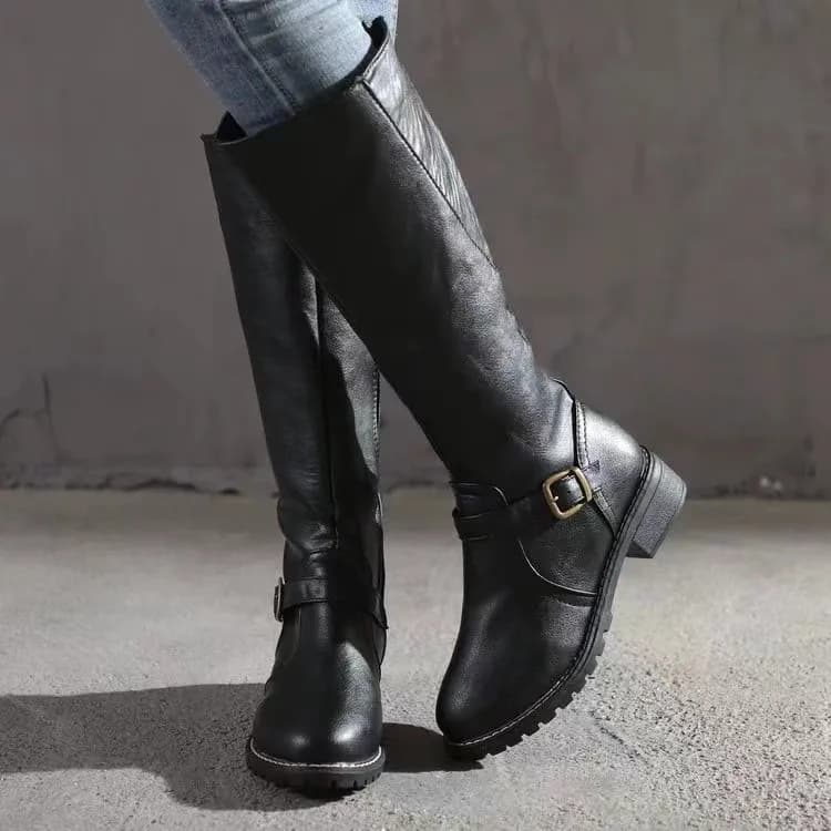 Botas de equitação femininas de inverno dedo do pé redondo salto grosso sobre o joelho botas altas femininas fivela sapatos plataforma botas mujer