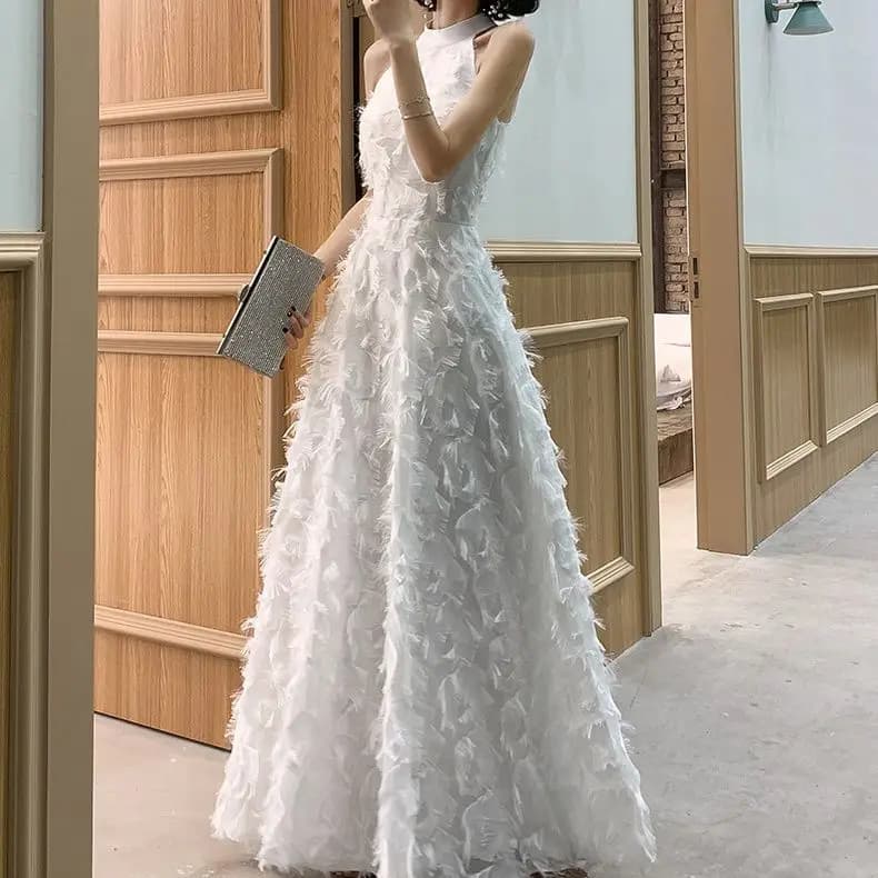 Vestido de Noite Elegante Branco com Plumas, Decote Halter, para Noivado, Aniversário, Cerimônia de Adultos, Ultra Fada, Saia Longa de Alta Qualidade