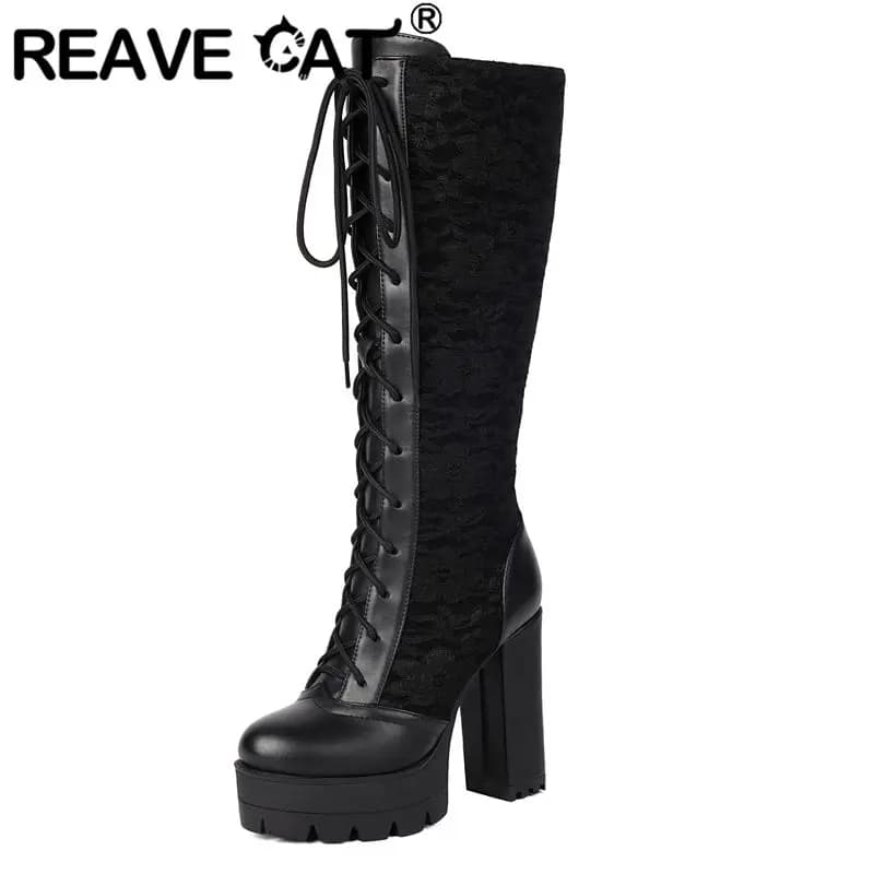 Reave cat 2025 rendas mulheres joelho botas altas dedo do pé redondo saltos grossos 11.5cm plataforma 3.5cm rendas até multi cor 49 50 botas elegantes