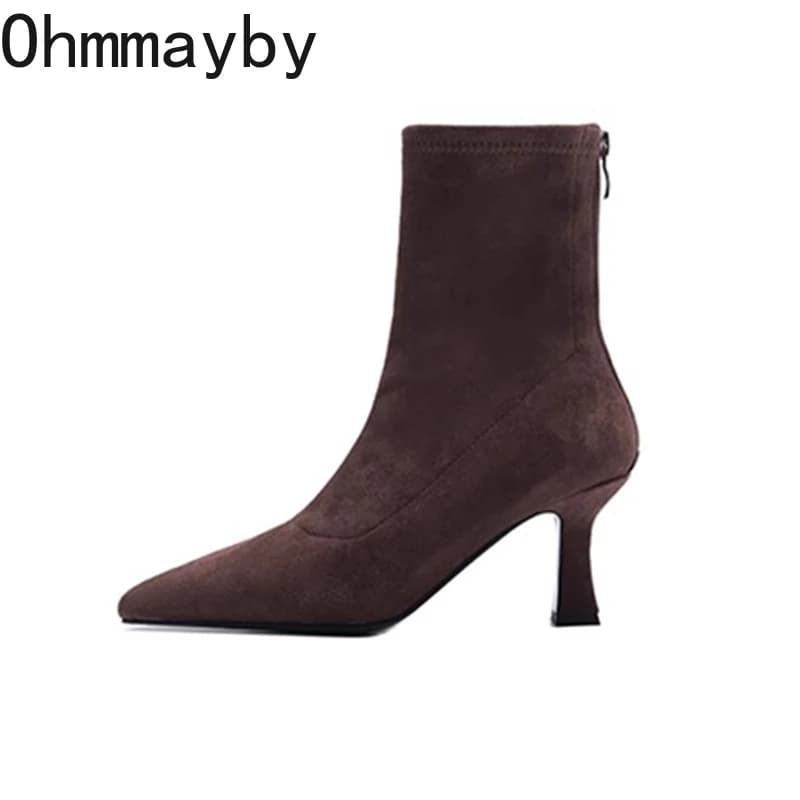 Vintage apontou toe feminino meia tornozelo botas outono senhoras elegante festa de salto alto curto botas zapatos de mujer