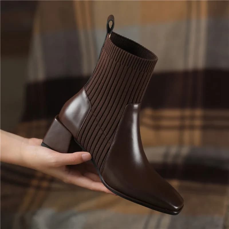 Novas Botas Curtas de Salto Alto Femininas de Tricô Tamanho Grande 43 para Outono Inverno 2026 - Calçado Feminino Slip-on