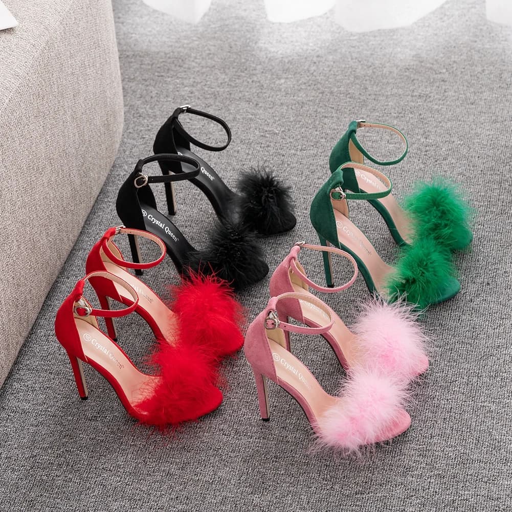 Cristal rainha mulheres sandálias de verão fofo peep toe stilettos salto alto pele pena senhora sapatos casamento tamanho grande 42