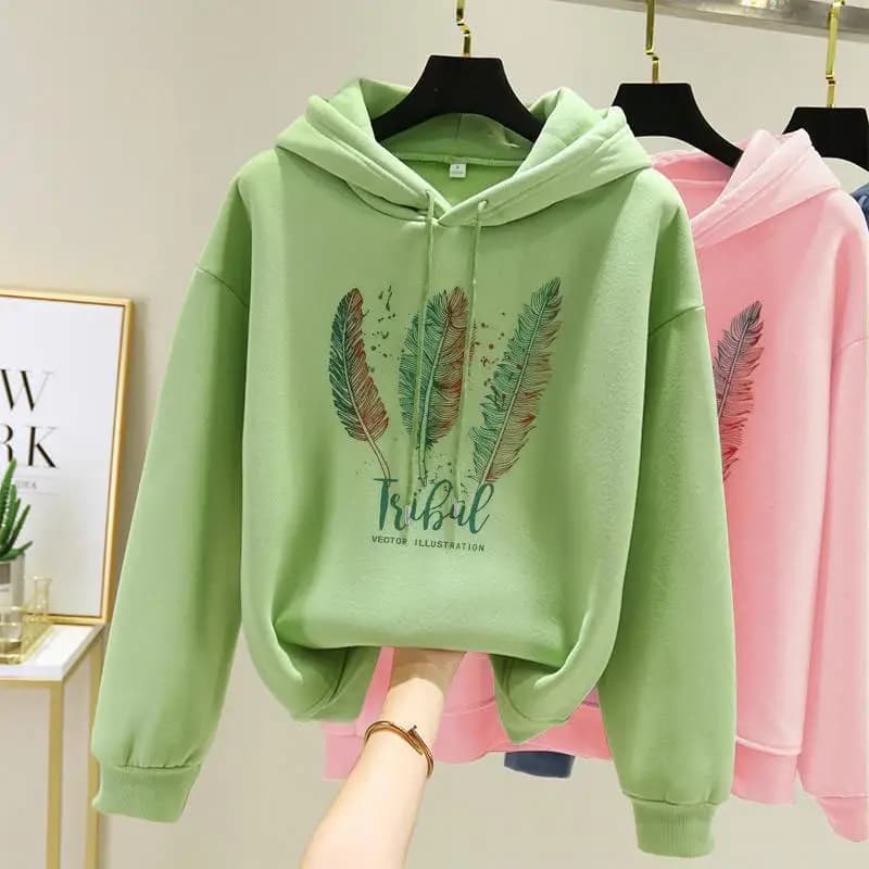 Moletom estampado em penas feminino, moletom solto de veludo, moda casual, outono, inverno