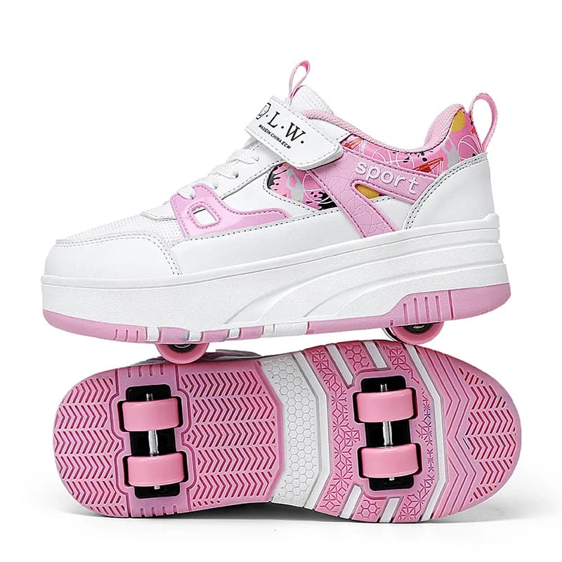 Sapato infantil de patins, tênis de skate duplo, calçados esportivos de couro para crianças, meninos e meninas, 4 rodas, novo designer de moda