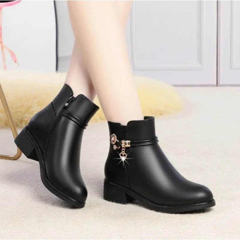 Botas de couro de strass para mulheres, sapatos de salto baixo cabeça redonda, fecho lateral, calçado de algodão quente, outono, inverno