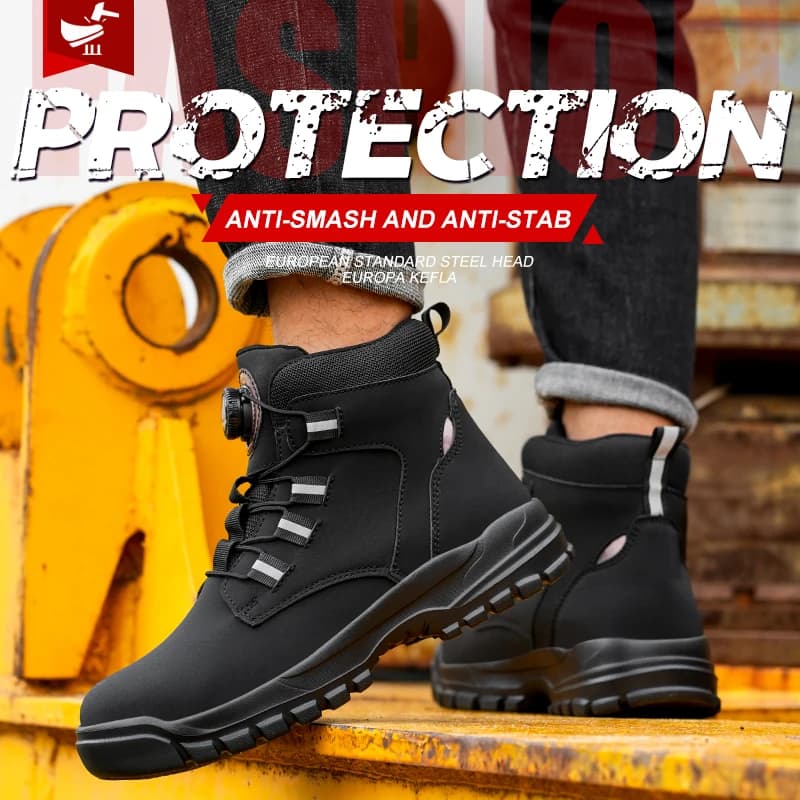 Botas de trabalho masculinas à prova d'água, segurança, biqueira de aço, sapatos indestrutíveis, palmilhas anti-esmagamento, botão rotativo, botas industriais