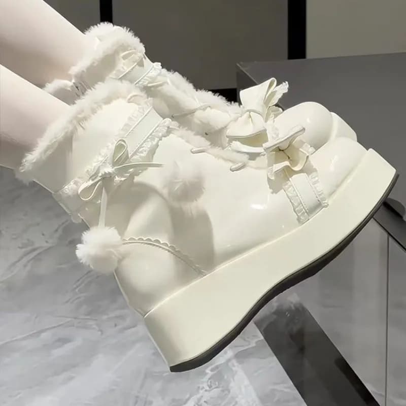 Doce inverno botas femininas arco sapatos peludos para mulher bonito couro meninas lolita botas de neve cunha aumentando botas quentes botas mujer