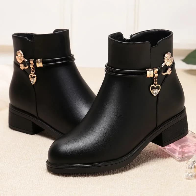 Botas de couro de strass para mulheres, sapatos de salto baixo cabeça redonda, fecho lateral, calçado de algodão quente, outono, inverno