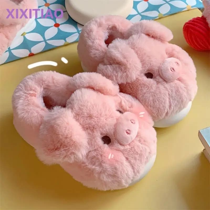 Chinelos Feerldi Piggy Slippers rosa de algodão peludo com rosto de porquinho e orelhas