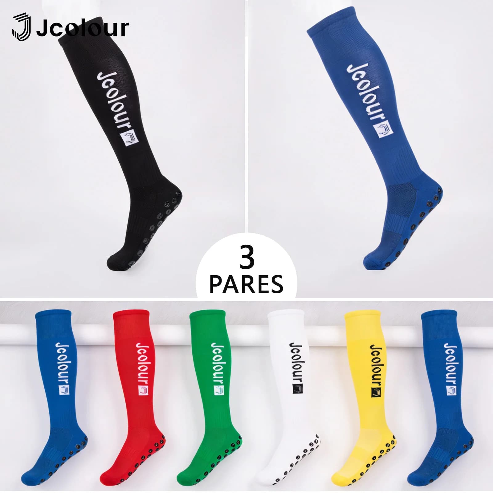 3 Pares, Meiãs futebol com joelheira alongada, Meiãs futebol longas, Meiãs antiderrapantes e respiráveis,  Meiãs altas poliamida
