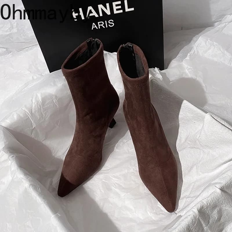 Vintage apontou toe feminino meia tornozelo botas outono senhoras elegante festa de salto alto curto botas zapatos de mujer