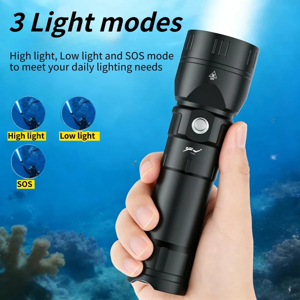 Lanterna de Mergulho Potente à Prova d'Água, Luz de Mergulho Recarregável, Lâmpada Tática Subaquática para Mergulhadores e Snorkeling
