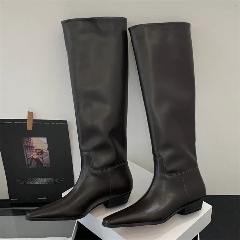 Eilyken outono inverno couro macio feminino joelho botas altas saltos quadrados confortáveis senhoras sapatos botas largas mujer
