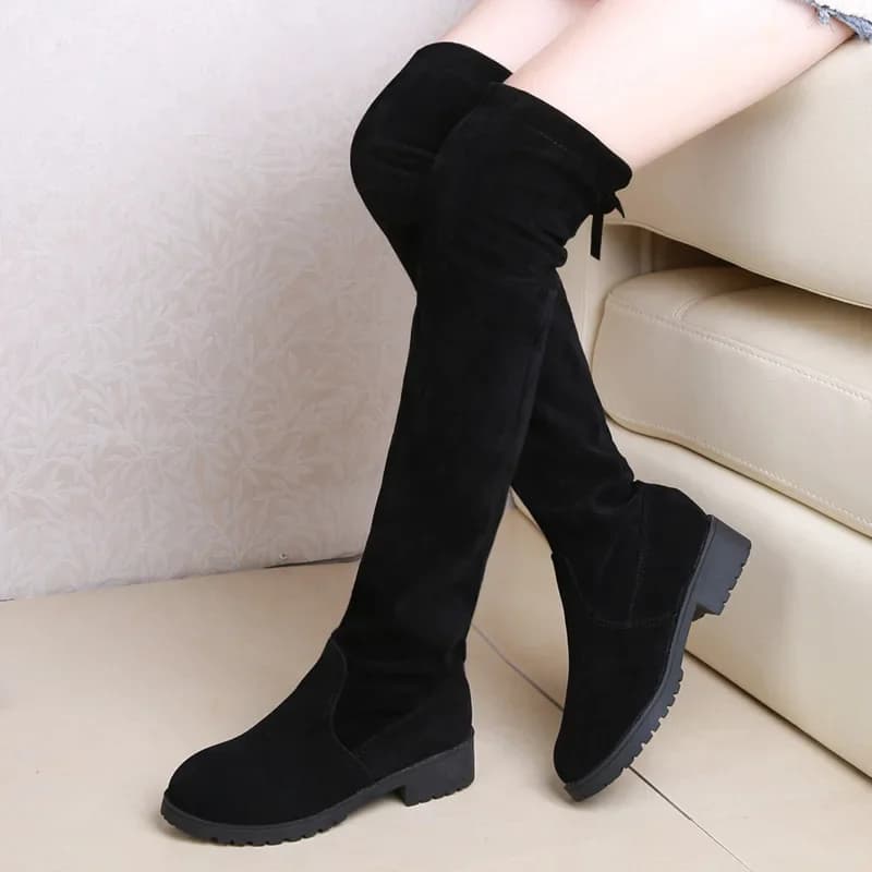 2025 camurça falsa saltos femininos outono inverno elástico joelho-botas altas para mulheres tubo rendas botas coxa preto botas