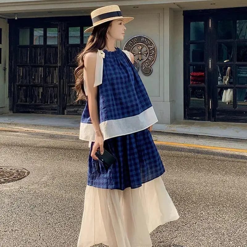 Conjunto Feminino Azul Xadrez de Duas Peças: Top Halter Sem Mangas com Saia de Tule - Roupa Casual Solta de Verão para Praia e Férias, Estilo Boêmio